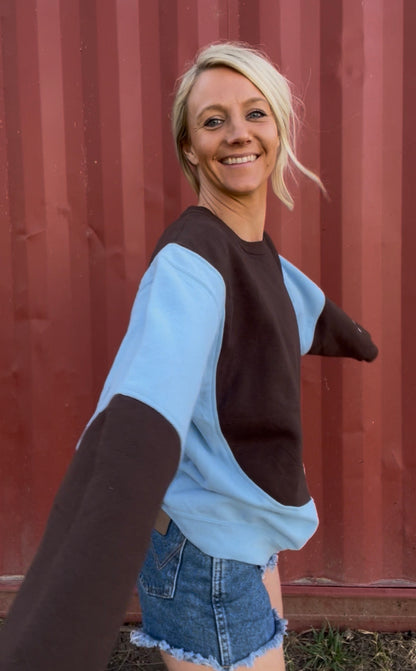 Upcycled vintage crewneck sweatshirt blue and espresso