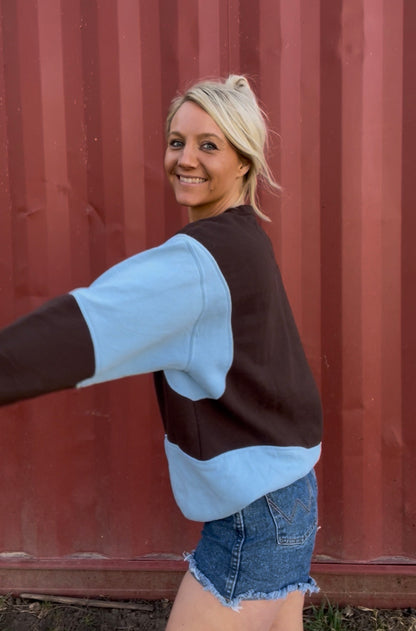 Upcycled vintage crewneck sweatshirt blue and espresso