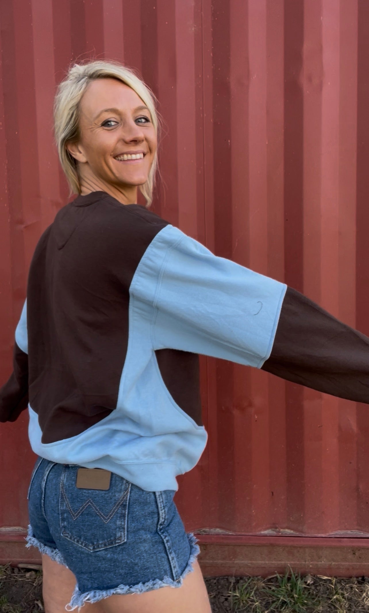 Upcycled vintage crewneck sweatshirt blue and espresso